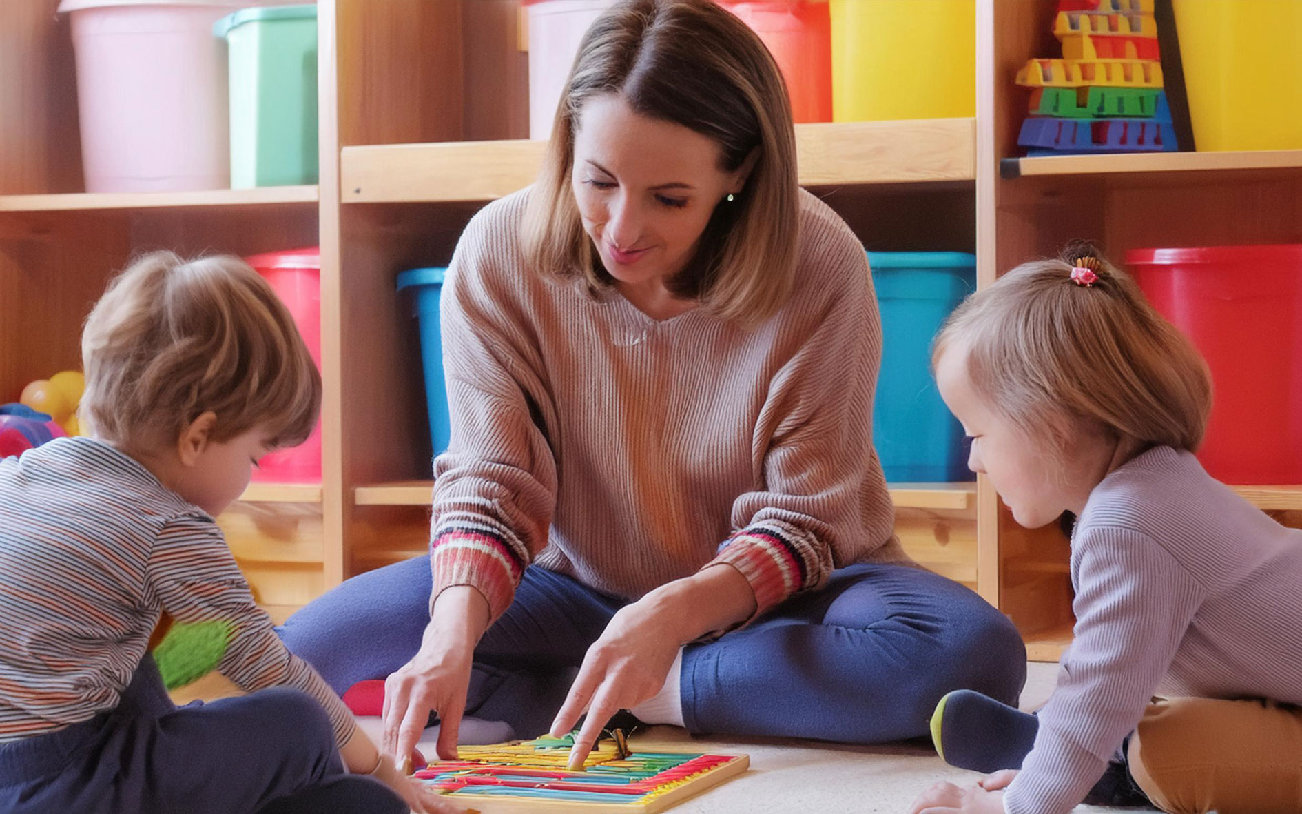 En kvinde sidder og interagerer med to børn i en institution, børnene er i børnehave alderen. Billedet skal illustrere Førstehjælp for voksne med ansvar for børn